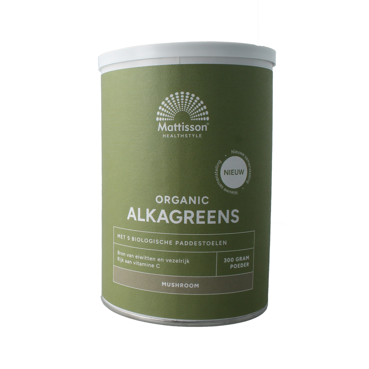 Mattisson Organic Alkagreens Mushroom bio, raw superfood in 300g package, natural organic mushroom supplement for health.