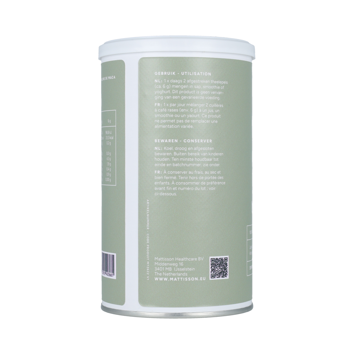 Organic Mattisson Maca Zwart powder in a 300g package, raw superfood with dark maca root for energy and health benefits.