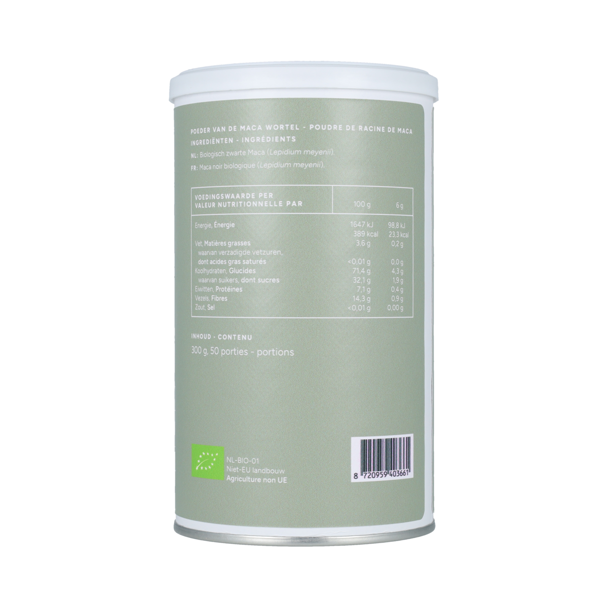 Raw Mattisson Organic Maca Zwart powder in 300g bag, a superfood supplement with dark organic maca root.