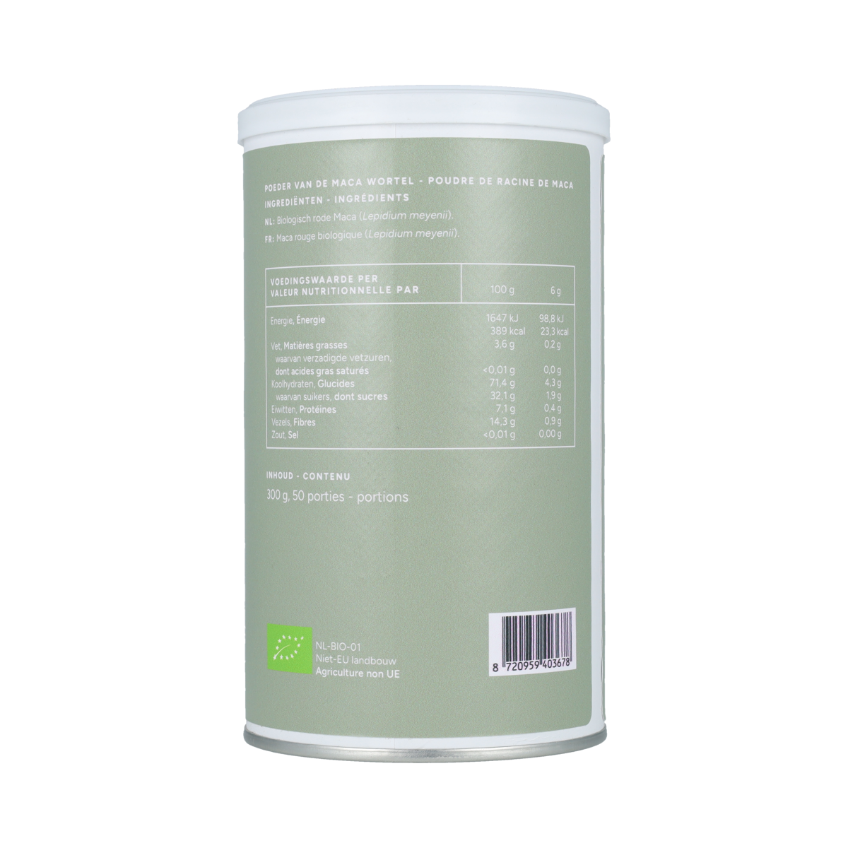 Raw organic Mattisson Maca Root powder in a 300g package, showcasing the vibrant powder inside the superfoods container.