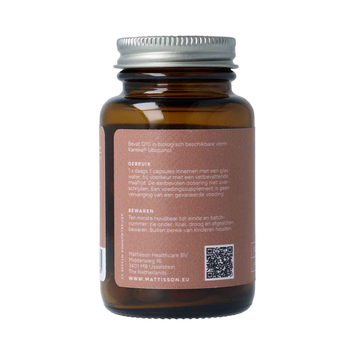 Mattisson Q10 Ubiquinol 100mg capsules, dietary supplement bottle with 60 capsules, showing the product label and cap.