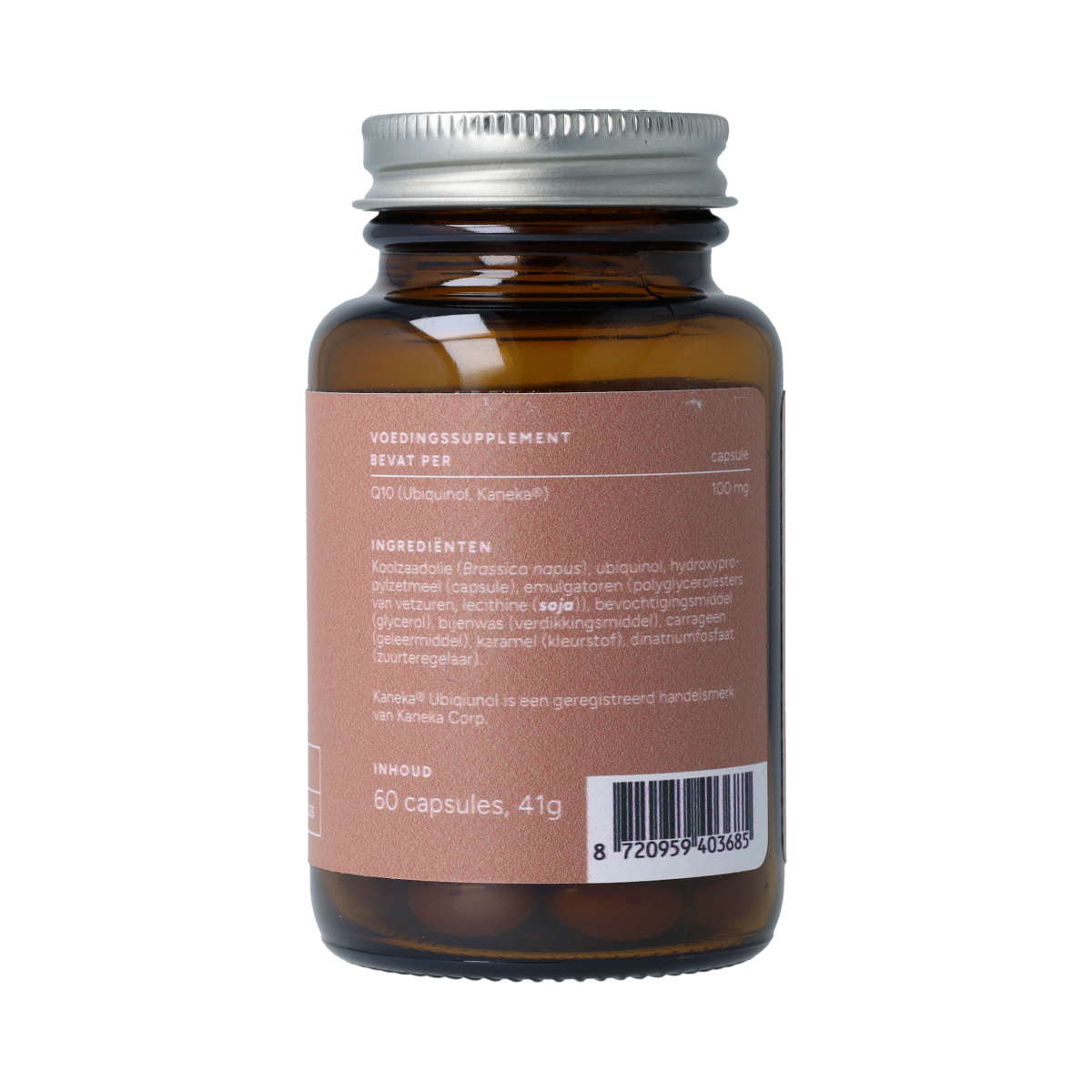 Bottle of Mattisson Q10 Ubiquinol 100mg capsules for energy support, with 60 capsules in a natural supplement container.