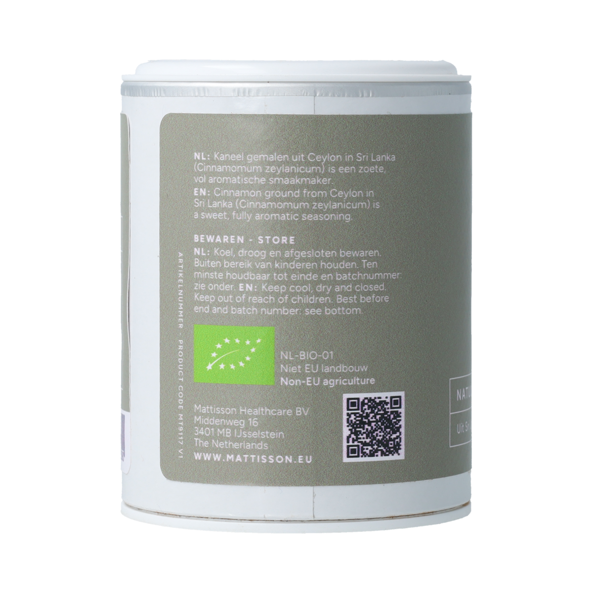 Organic Ceylon cinnamon from Mattisson in a 35g package, showing ground cinnamon spice in a clear container.
