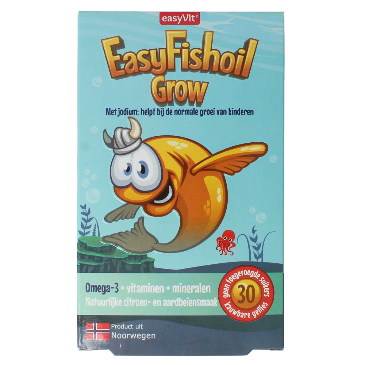EasyVit Easyfishoil Grow Vetzuren gummies, orange-flavored fish oil supplements in a clear bottle with 30 gummies.