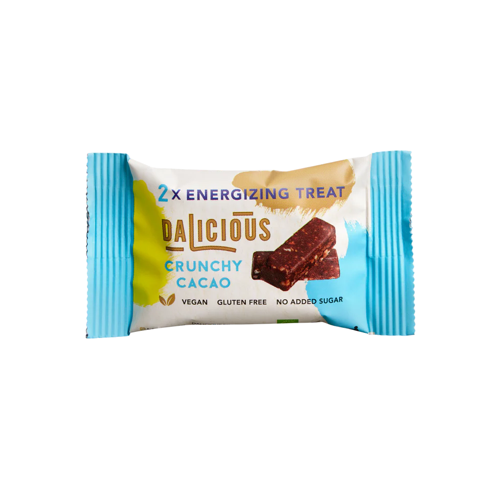 Dalicious Organic crunchy cacao treats snack in 30g package, featuring dark chocolate pieces with a crispy texture.