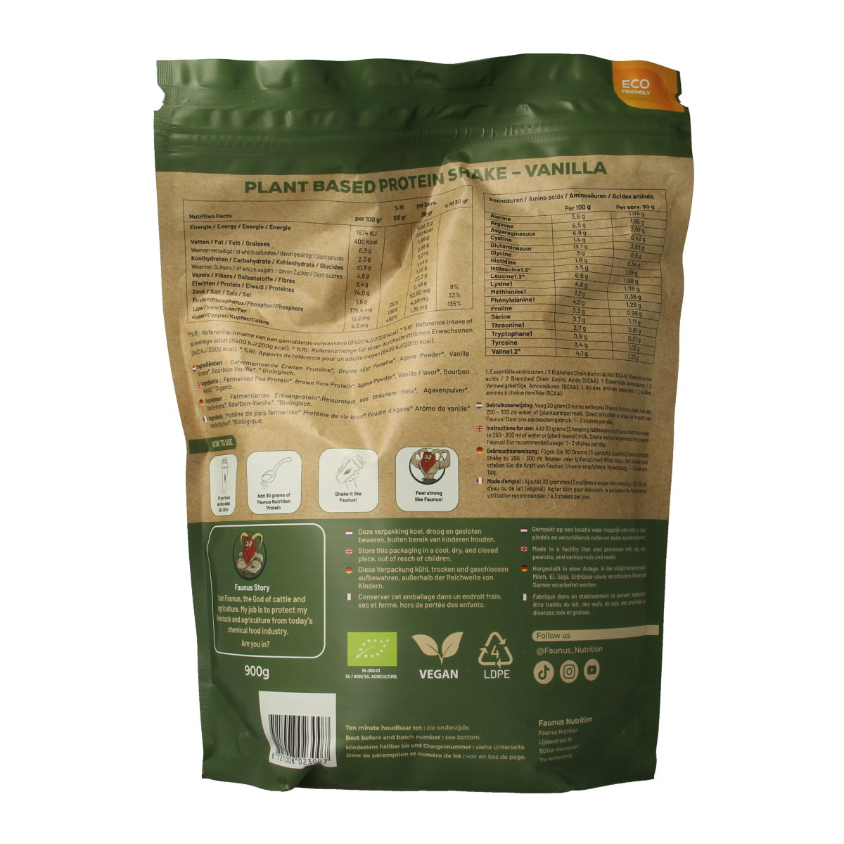 Faunus Nutrition fermented vanilla bio protein powder in 900g package, featuring amino acids and natural vanilla flavor.