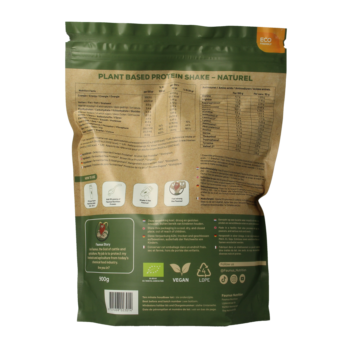 Fermented organic natural protein amino acids by Faunus Nutrition in a 900g container, showing the product label and packaging.