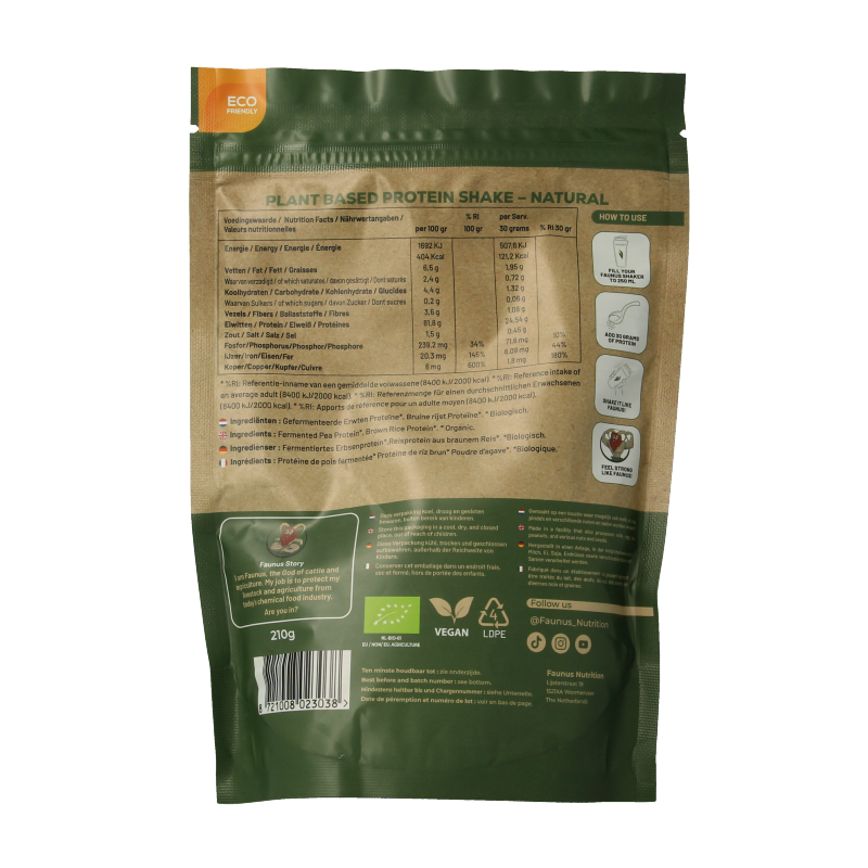 Fermented natural bio amino acids supplement from Faunus Nutrition, 210 grams, featuring protein and amino acid blend.