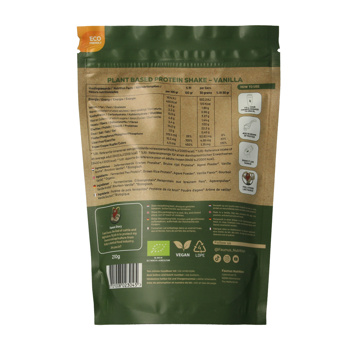 Fermented vanilla flavored amino acids supplement by Faunus Nutrition in a 210g container, highlighting the product's natural ingredients.