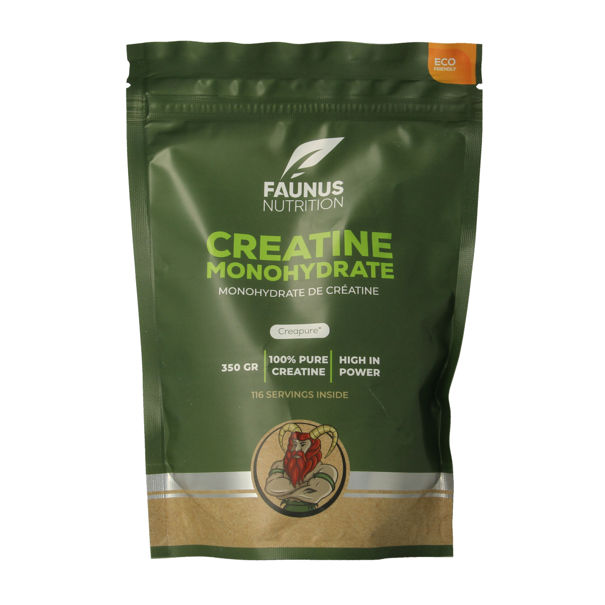 Faunus Nutrition Creatine Monohydrate Creapure supplement in 350g container, showing the product label and packaging.