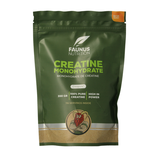 Faunus Nutrition Creatine Monohydrate Creapure supplement in 350g container, showing the product label and packaging.