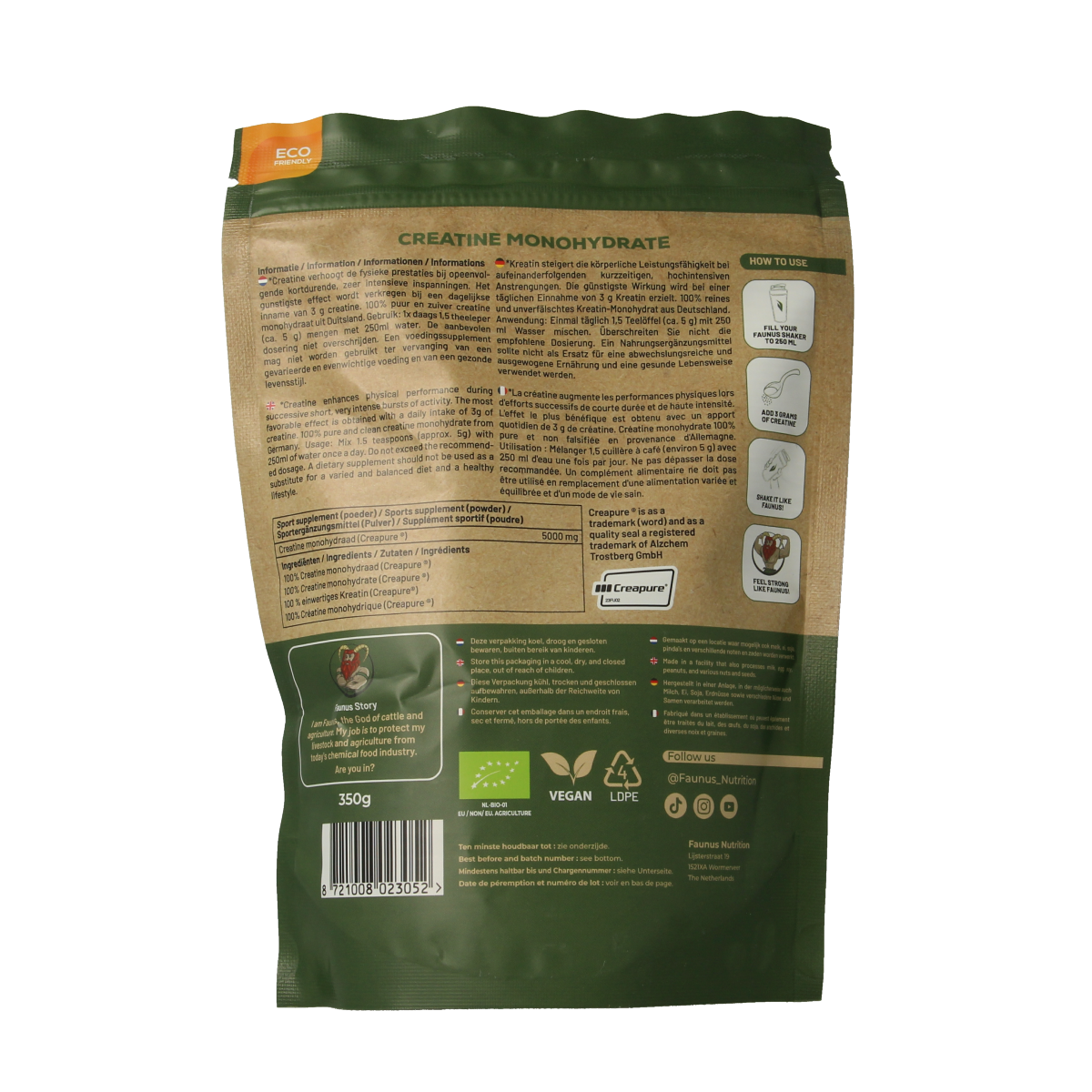 Faunus Nutrition Creatine Monohydrate Creapure powder in a 350g container, showing the supplement packaging and label.