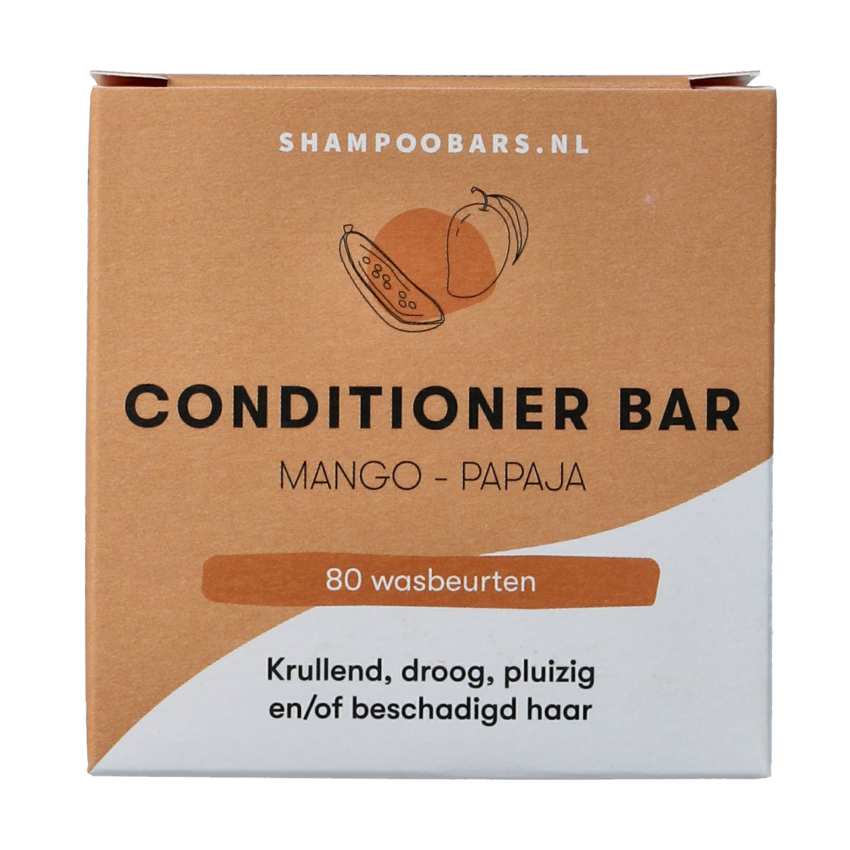 Shampoobars conditioner bar with mango and papaya, 45g, natural hair care product from Shampoobars, showing the colorful bar.