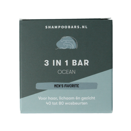 Shampoobars 3-in-1 Ocean body cleansing bar, 60g, natural soap bar for hair, body, and face in eco-friendly packaging.