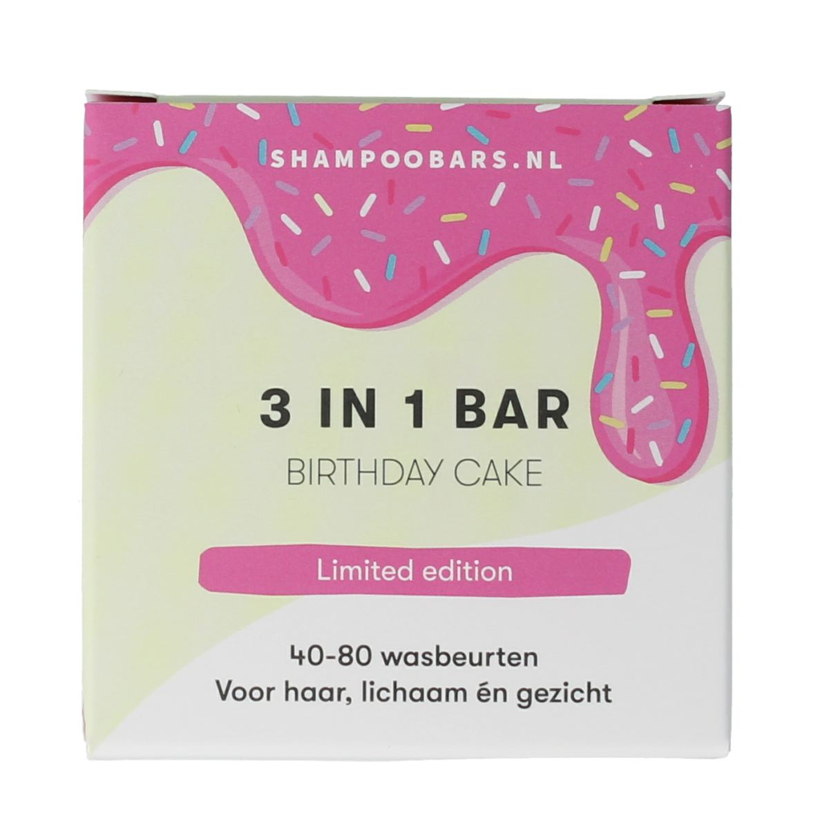 Shampoobars 3-in-1 birthday cake body cleansing bar, 60g, natural skincare product with colorful birthday cake design.
