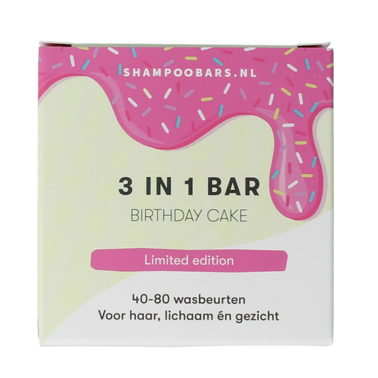 Shampoobars 3-in-1 birthday cake body cleansing bar, 60g, natural skincare product with colorful birthday cake design.