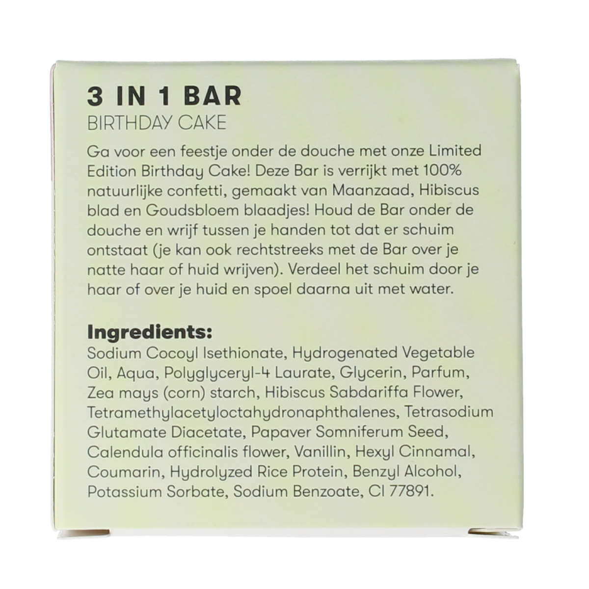 Shampoobars 3-in-1 birthday cake scented body and hair cleansing bar, 60 grams for natural skincare and grooming.