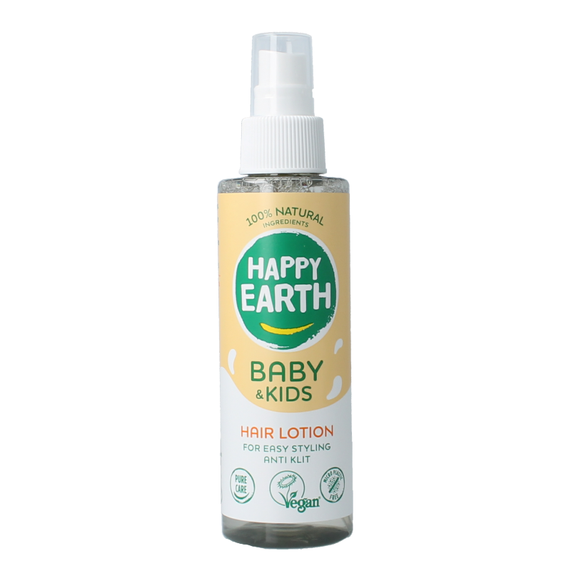 Happy Earth baby and kids hairlotion in a 150ml bottle, gentle haircare product for children with nourishing ingredients.