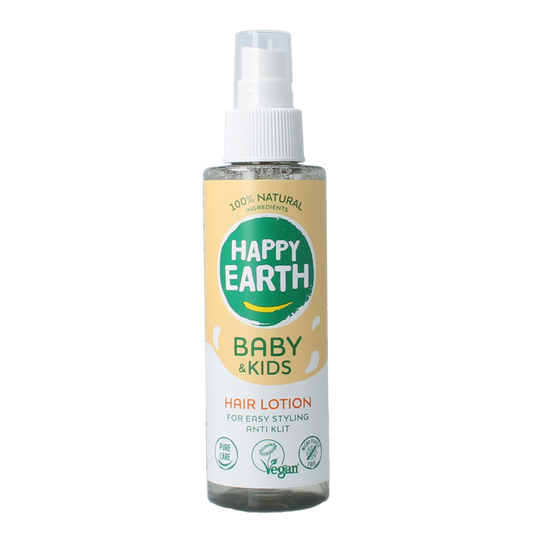 Happy Earth baby and kids hairlotion in a 150ml bottle, gentle haircare product for children with nourishing ingredients.
