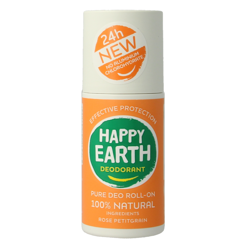 Happy Earth Pure deo roll-on with rose and petitgrain scent, 75ml bottle, natural deodorant in a clear roll-on container.
