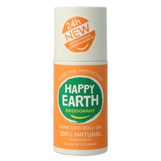 Happy Earth Pure deo roll-on with rose and petitgrain scent, 75ml bottle, natural deodorant in a clear roll-on container.
