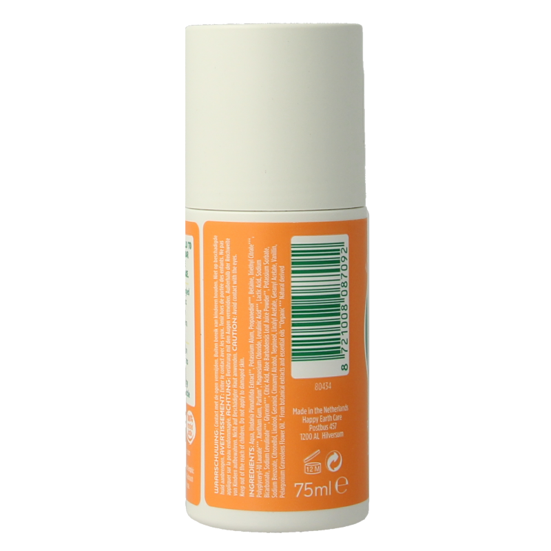 Happy Earth Pure deodorant roll-on with rose and petitgrain scent, 75ml, in a clear glass bottle with a white cap.
