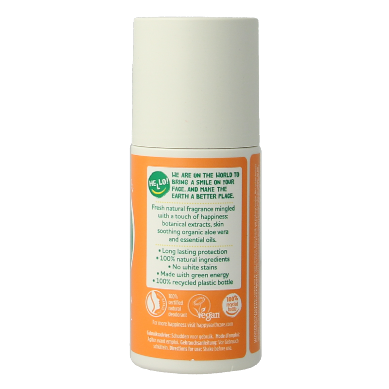 Happy Earth Pure deodorant roll-on with rose and petitgrain scent in a 75ml bottle, featuring a clear applicator and floral design.