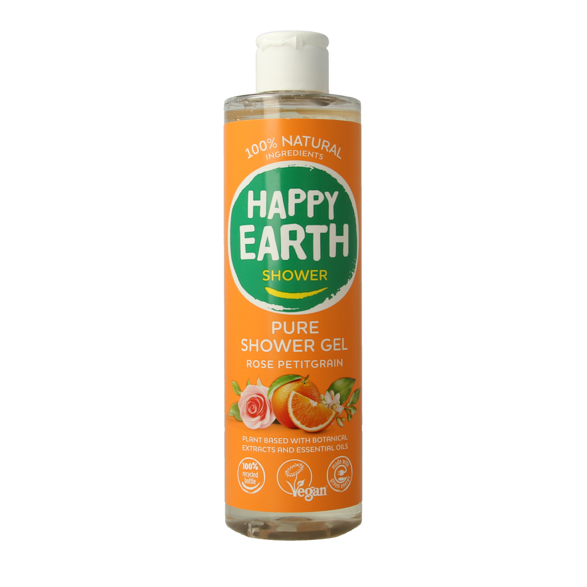 Happy Earth Pure Rose Petitgrain shower gel in a 300ml bottle, with a soft pink liquid and floral rose scent.