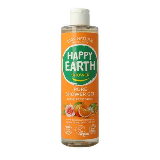 Happy Earth Pure Rose Petitgrain shower gel in a 300ml bottle, with a soft pink liquid and floral rose scent.