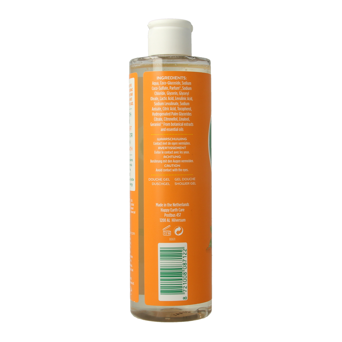 Happy Earth Pure Rose Petitgrain shower gel in 300ml bottle, with floral and citrus scent, for a refreshing bad en douche experience.