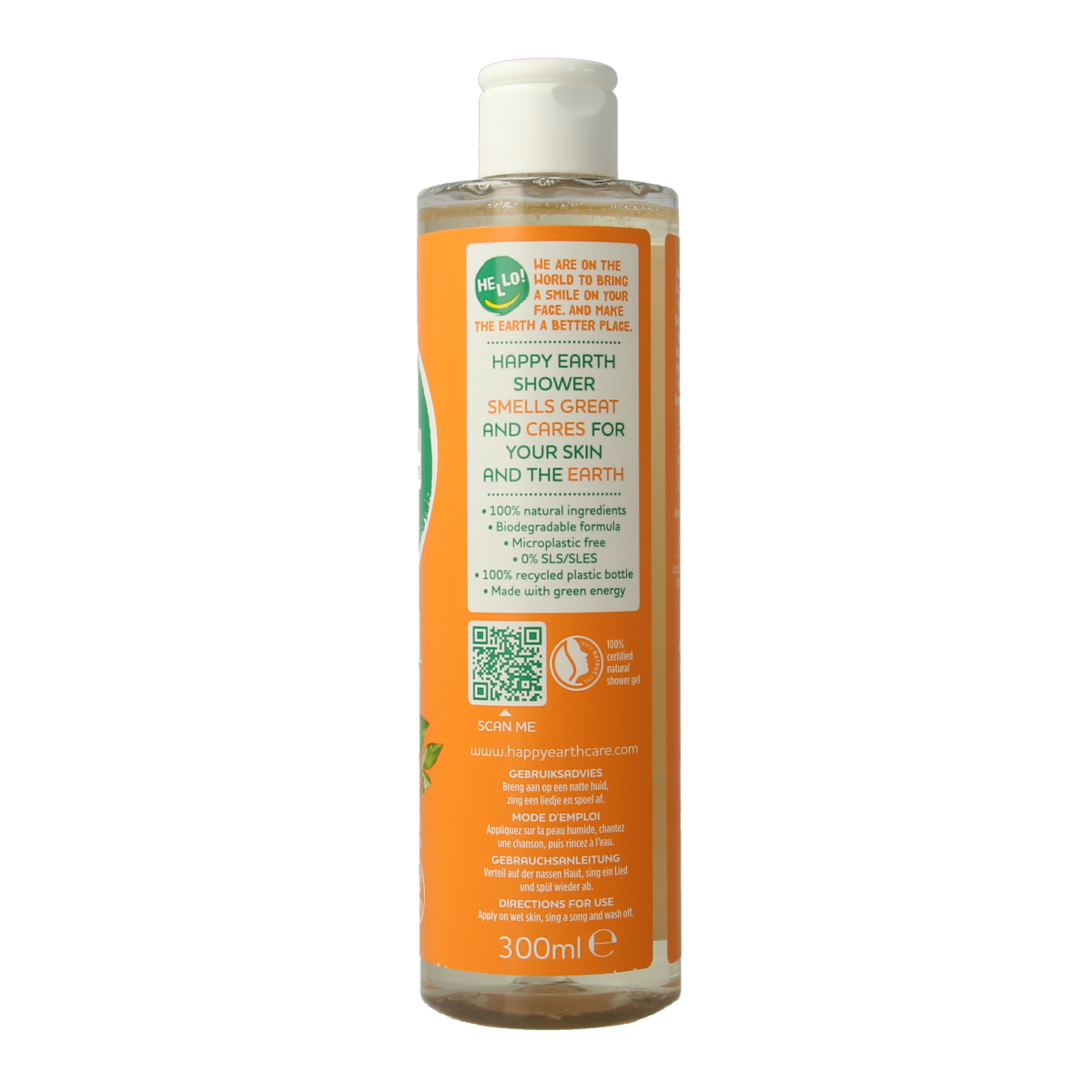 Happy Earth Pure Rose Petitgrain shower gel in a 300ml bottle, featuring a floral and citrus scent for a refreshing shower experience.