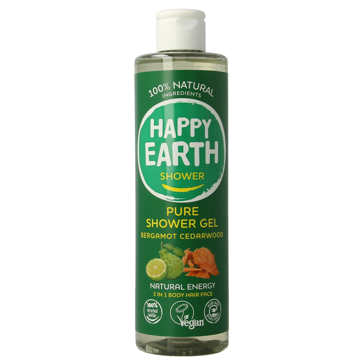 Happy Earth bergamot cedarwood shower gel in 300ml bottle, moisturizing bad en douche with natural citrus and woody scent.