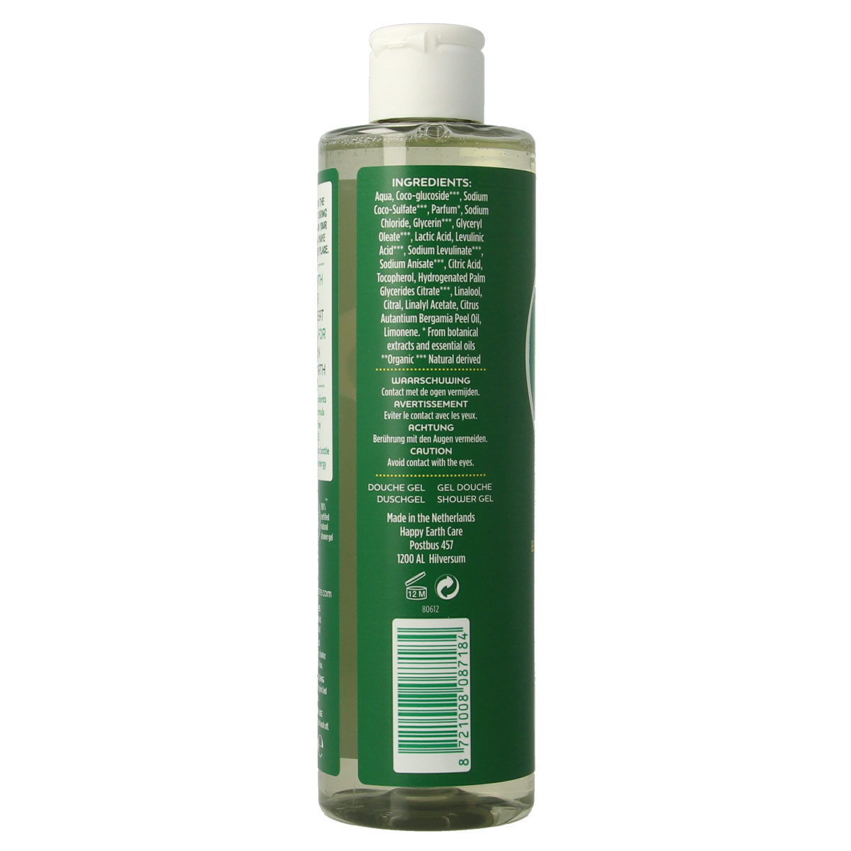 Happy Earth bergamot cedarwood shower gel bottle, 300ml, with natural ingredients and fresh citrus and woody scent.