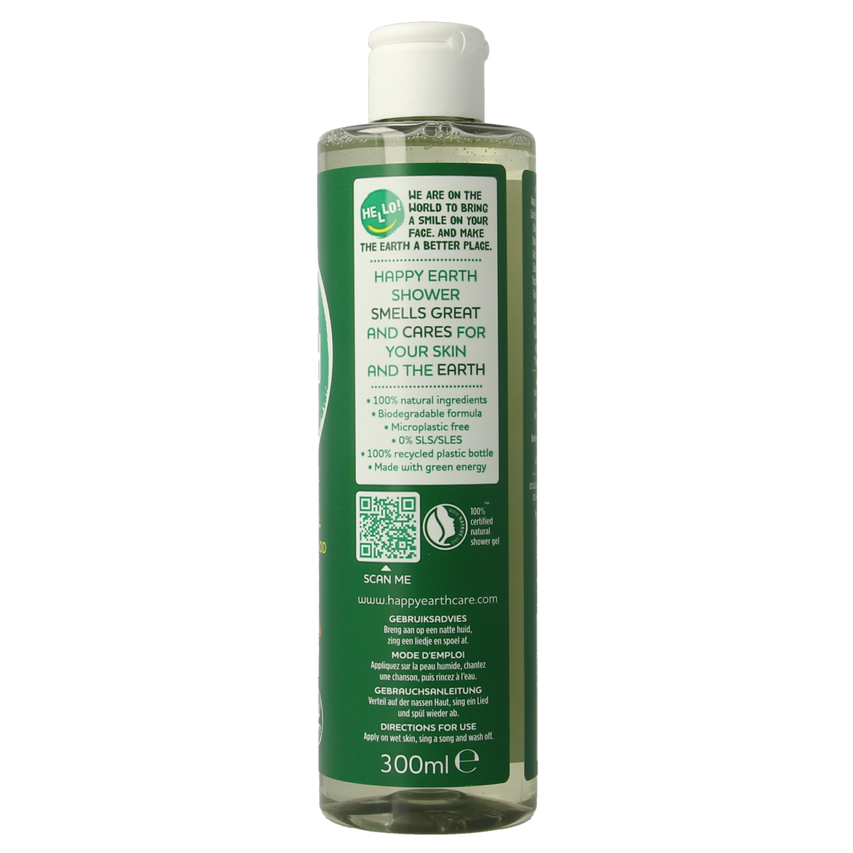 Happy Earth bergamot cedarwood shower gel bottle, 300ml, with fresh citrus and woody scent, in clear plastic packaging.