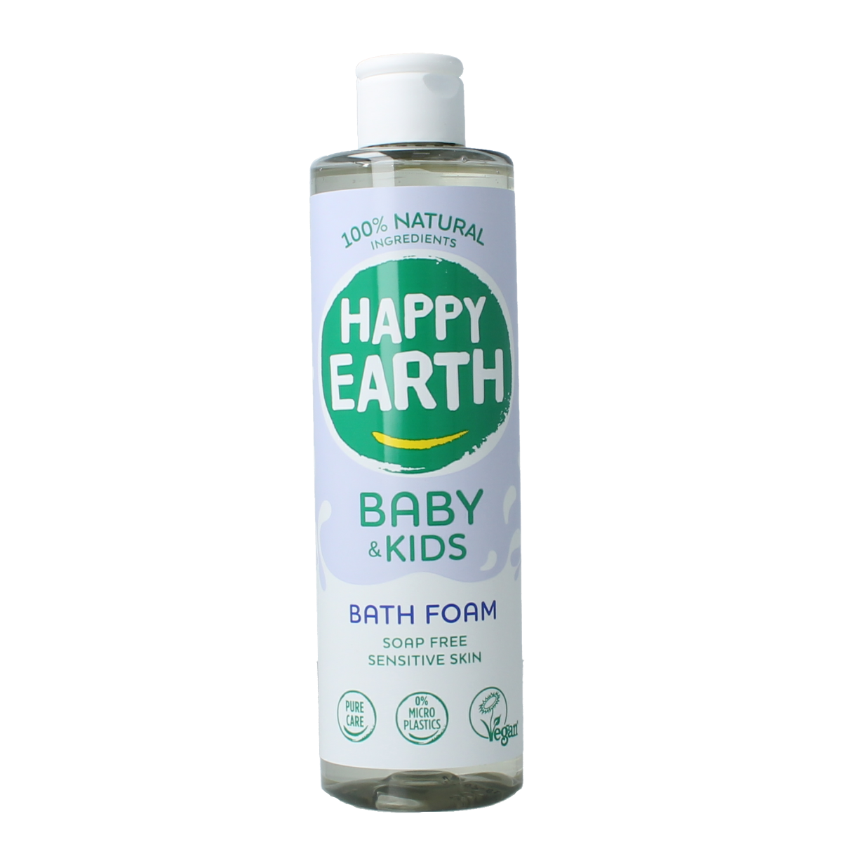 Happy Earth baby and toddler bath foam in 300ml bottle, gentle skincare product for infants and young children.