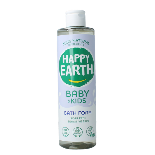 Happy Earth baby and toddler bath foam in 300ml bottle, gentle skincare product for infants and young children.