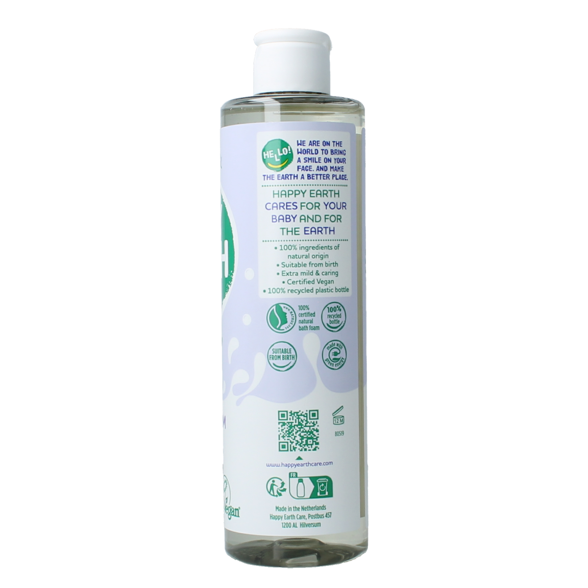 Happy Earth baby and toddler bath foam in a 300ml bottle, gentle and suitable for delicate skin.