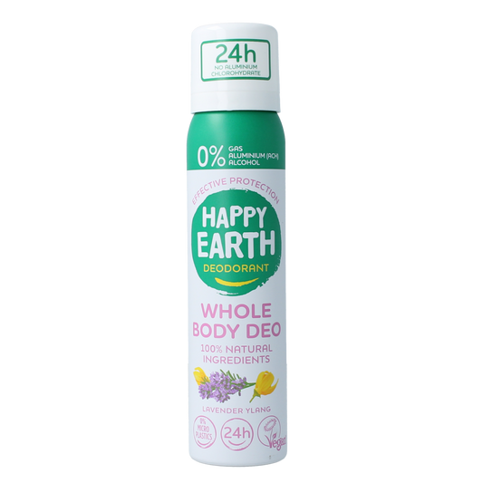 Happy Earth lavender ylang deodorant bodyspray in 100ml bottle, natural deodorant with floral scent, fresh and soothing fragrance.