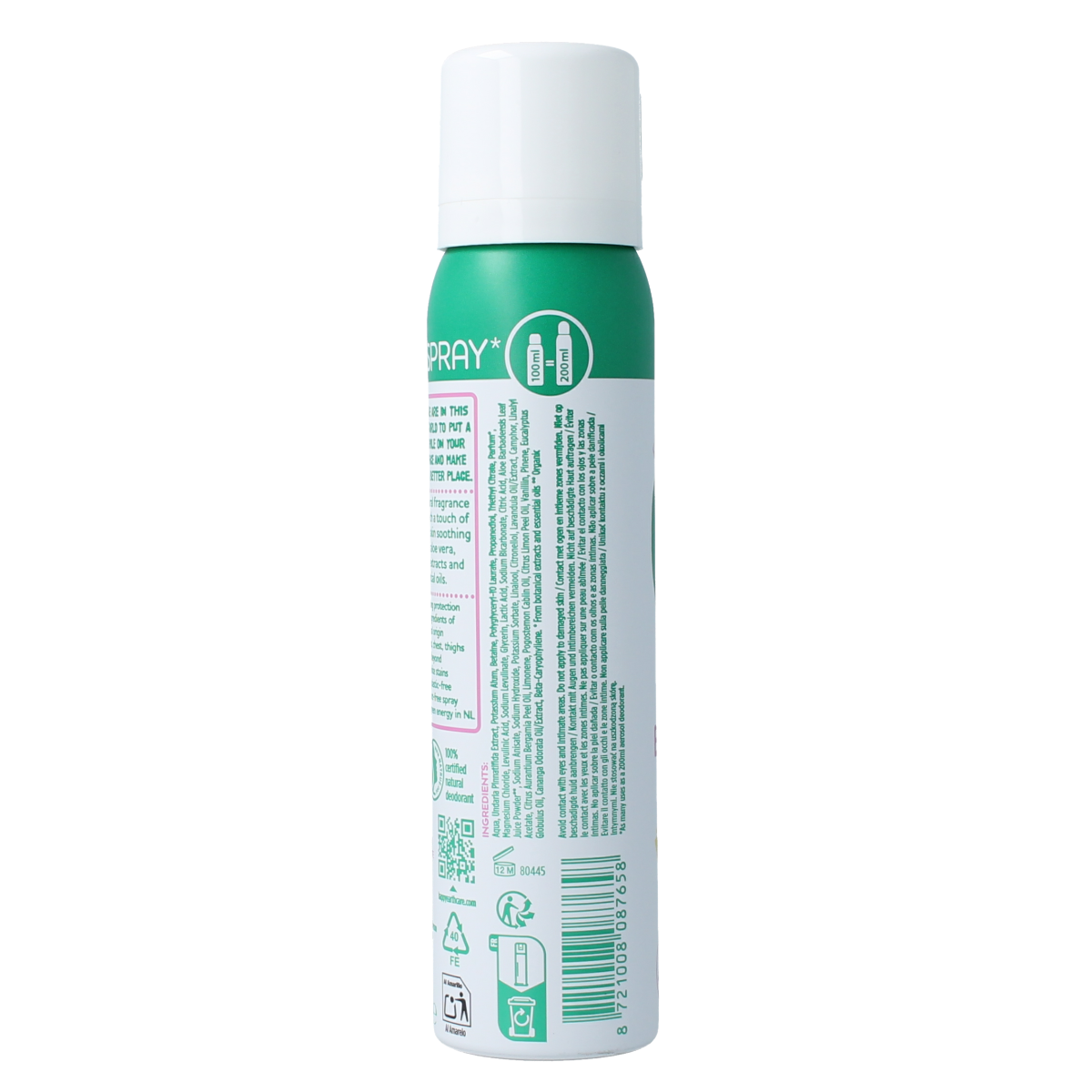 Happy Earth lavender ylang deodorant bodyspray in a 100ml spray bottle, featuring a floral and relaxing scent.