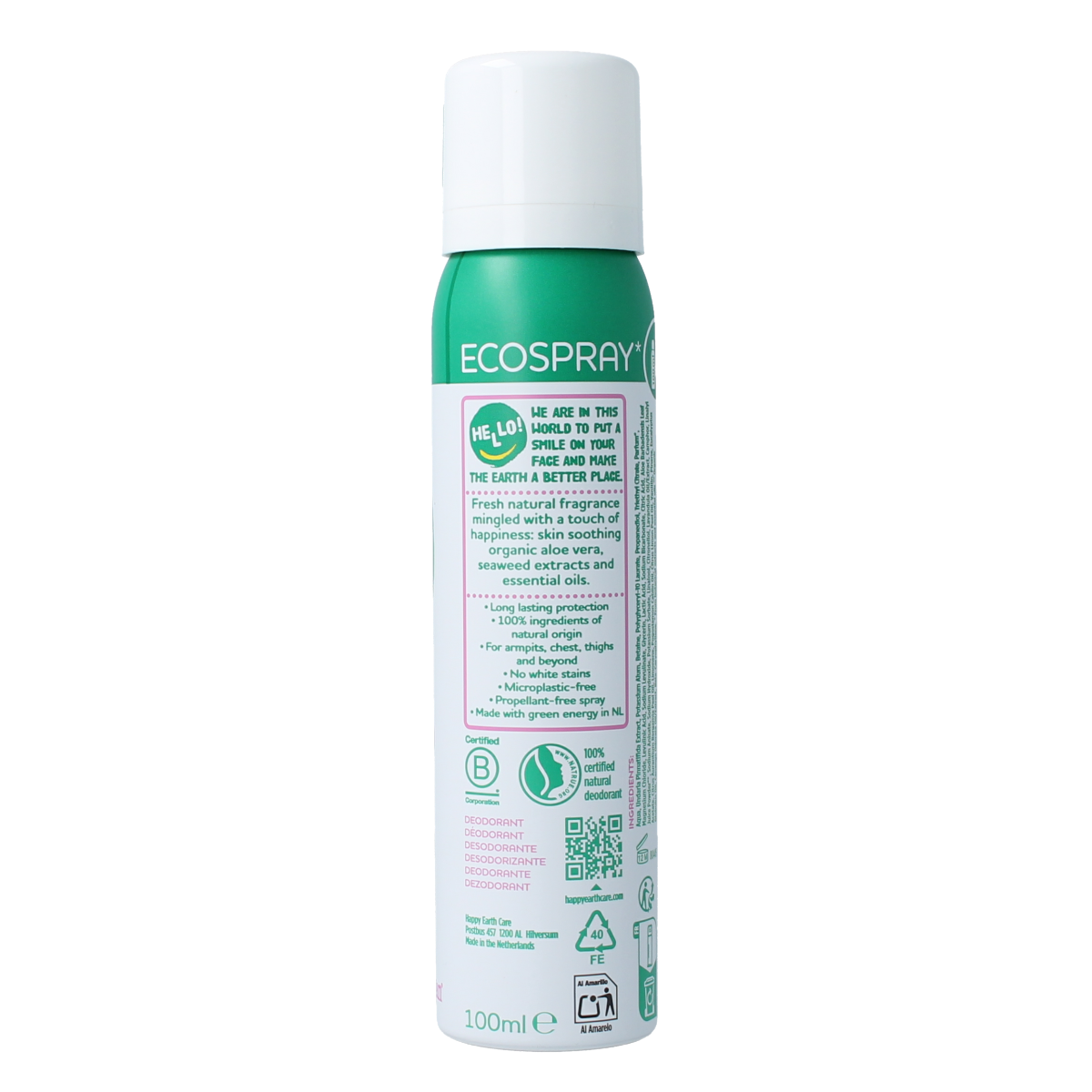 Happy Earth lavender ylang deodorant bodyspray in 100ml bottle, natural deodorant with floral fragrance, shown in the product image.
