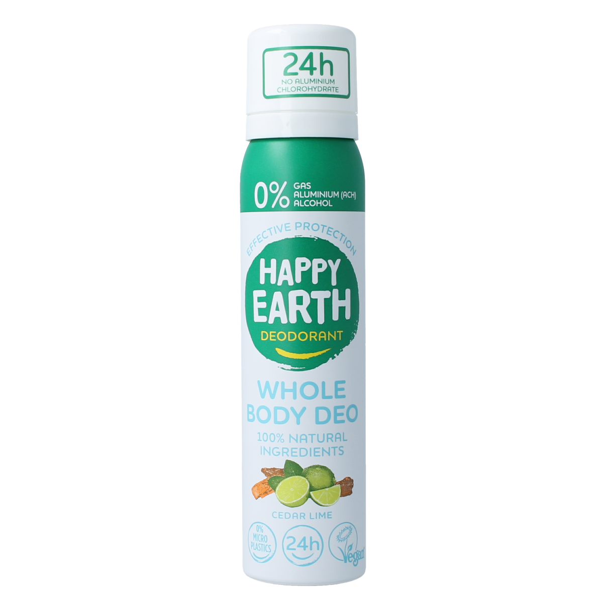 Happy Earth cedar lime deodorant bodyspray bottle, 100ml, with a label featuring green and lime imagery on a white background.