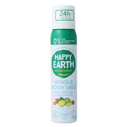 Happy Earth cedar lime deodorant bodyspray bottle, 100ml, with a label featuring green and lime imagery on a white background.
