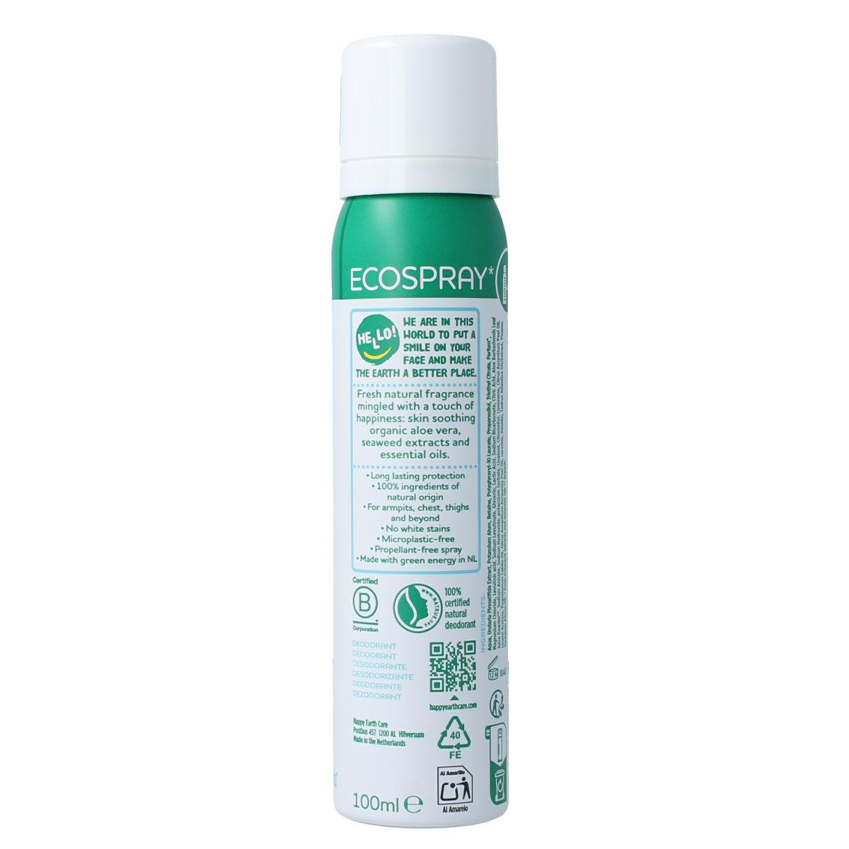 Happy Earth cedar lime deodorant bodyspray bottle, 100ml, featuring a natural scent with a refreshing lime and cedarwood fragrance.