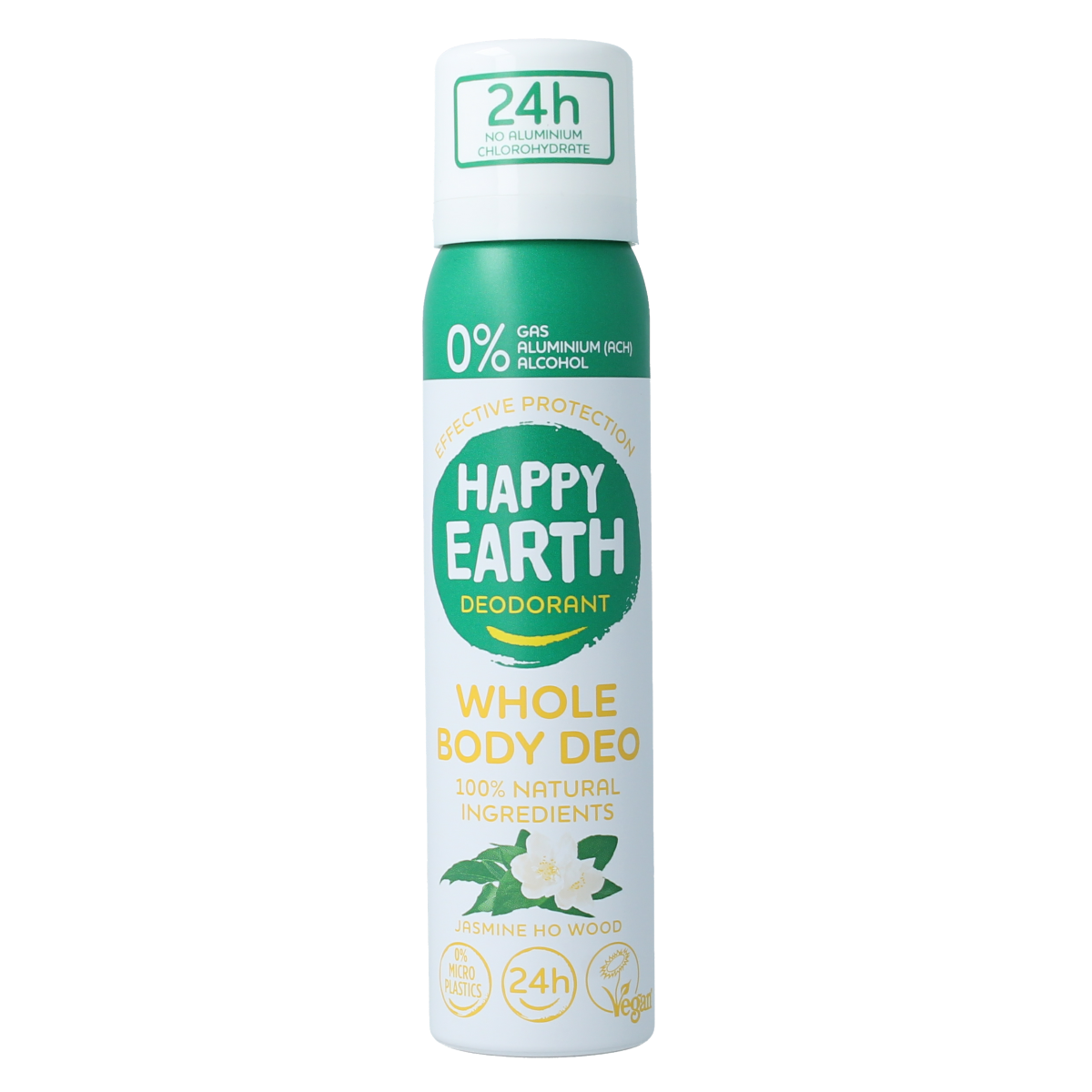 Happy Earth jasmine wood deodorant bodyspray in 100ml bottle with floral label, natural deodorant for fresh scent and body freshness.