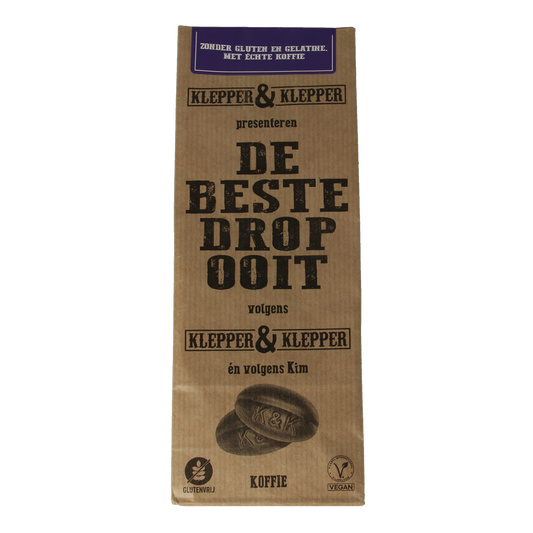 Klepper&Klepper De beste drop ooit coffee-flavored candy in a 200g bag, colorful sweets with coffee aroma and bright packaging.
