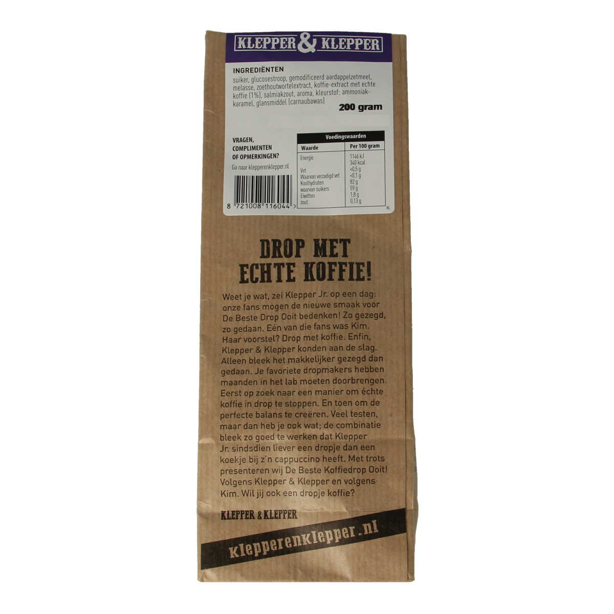 Klepper&Klepper De beste drop ooit koffie flavored candy in a clear bag, showing colorful sweets inside.