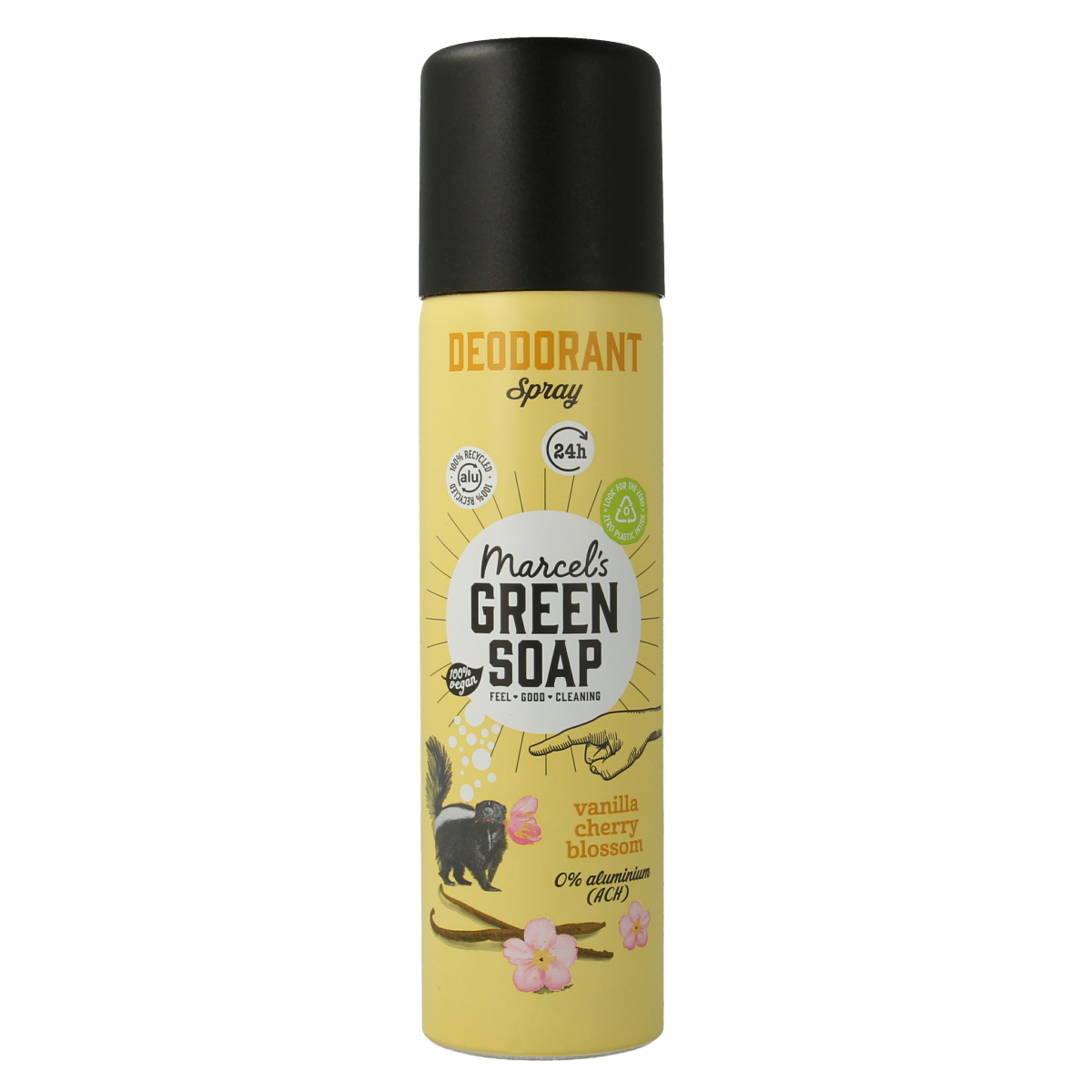 Marcel's Green Soap vanilla cherry blossom deodorant spray bottle, 150ml, with floral label and spray nozzle visible