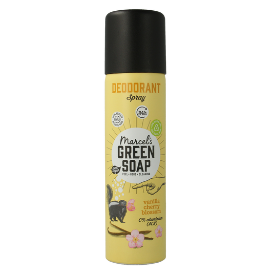 Marcel's Green Soap vanilla cherry blossom deodorant spray bottle, 150ml, with floral label and spray nozzle visible