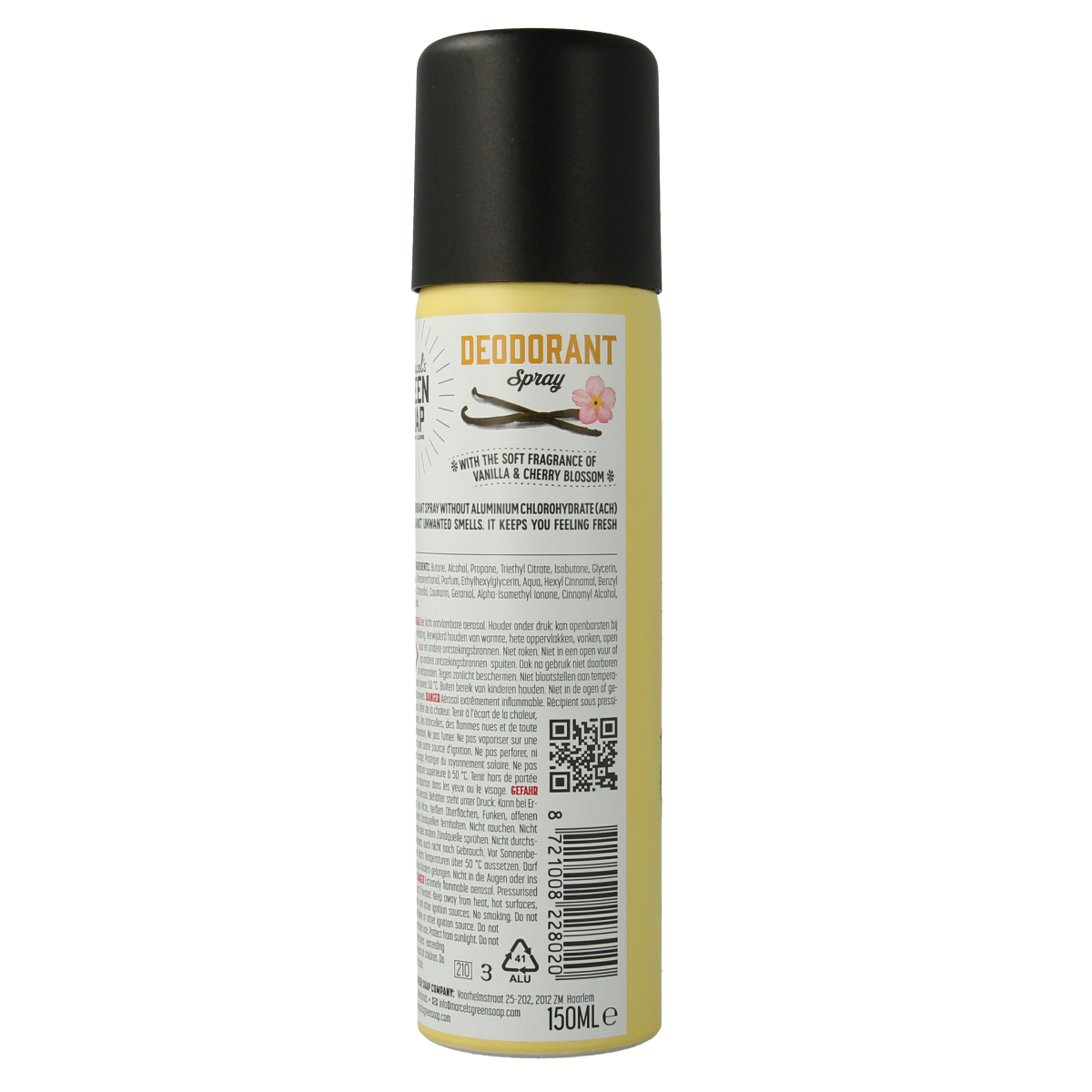 Marcel's Green Soap vanilla cherry blossom deodorant spray in a 150ml bottle with floral design
