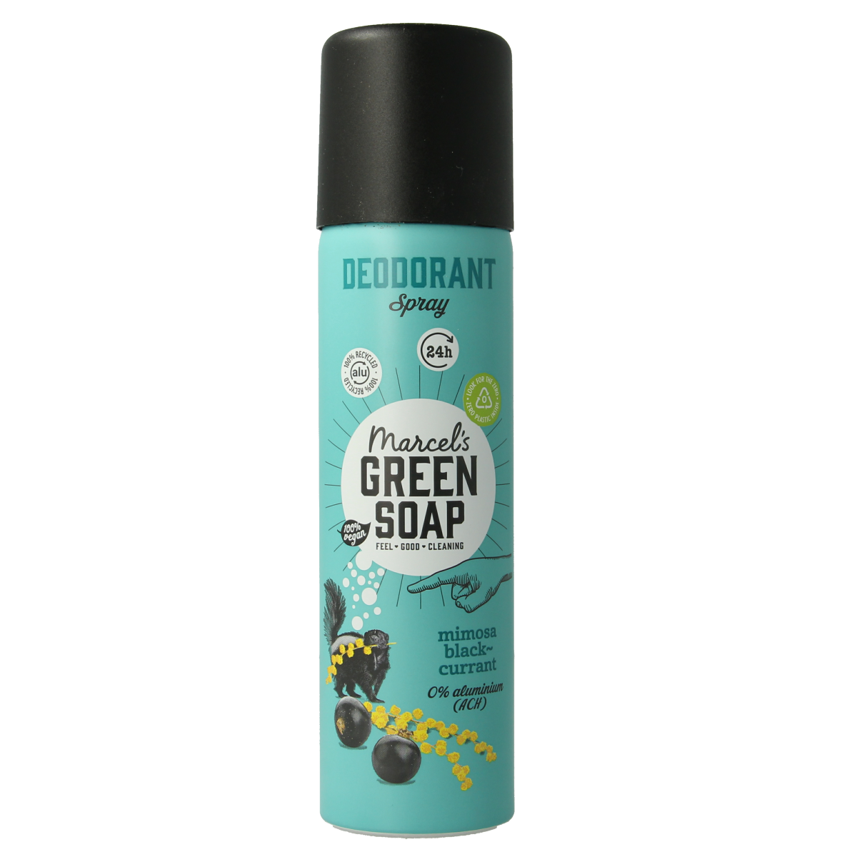 Marcel's Green Soap mimosa black currant deodorant spray bottle, 150ml, featuring a sleek design and floral scent packaging.